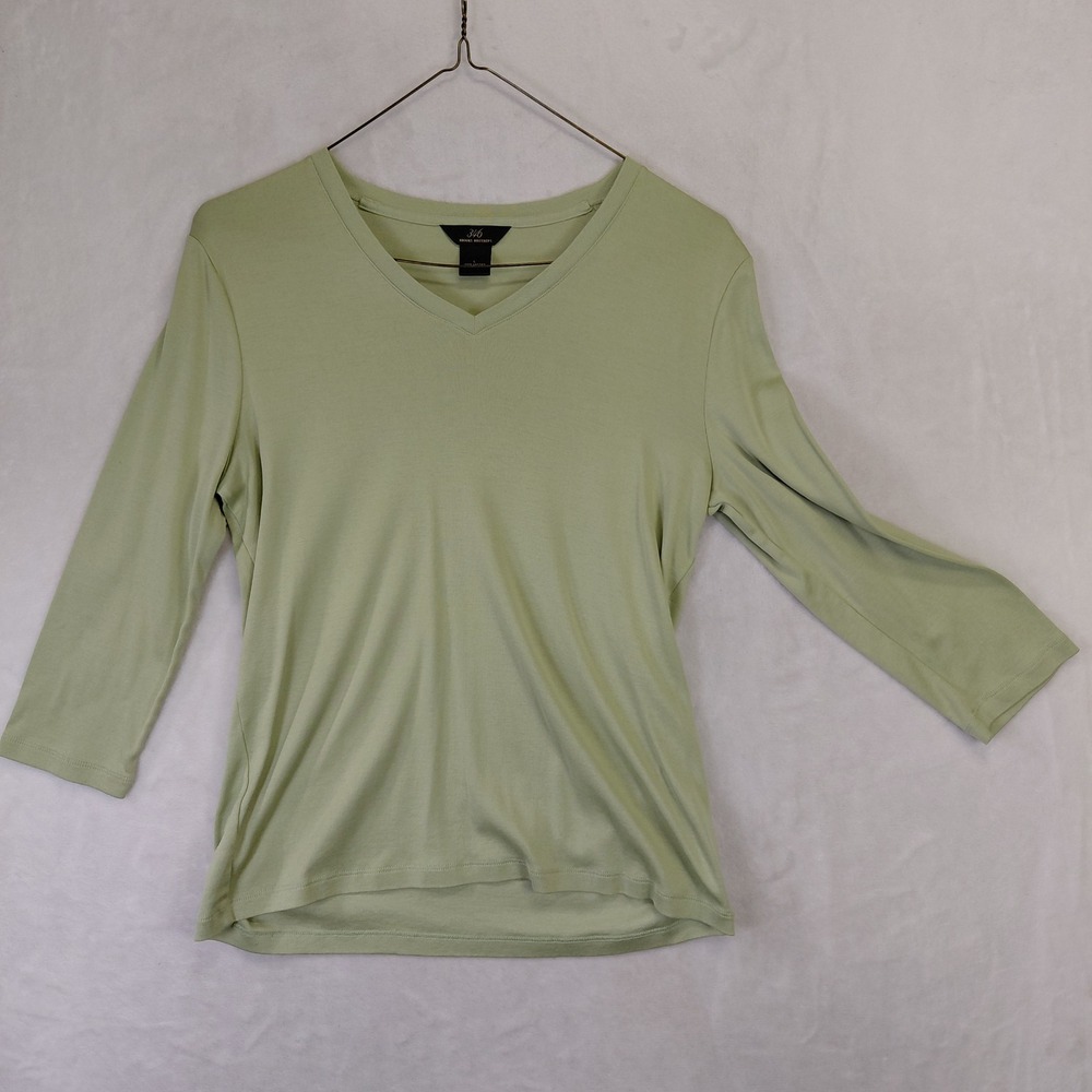 Brooks Brothers 346 Womens Sage Green 100% Cotton V-Neck 3/4 Sleeve Top L